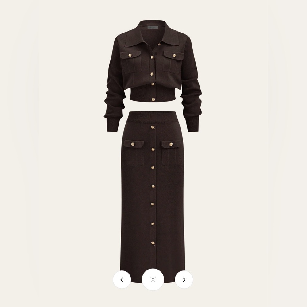 Metal Button Collard Cardigan and Midi Skirt Set Brown XL
